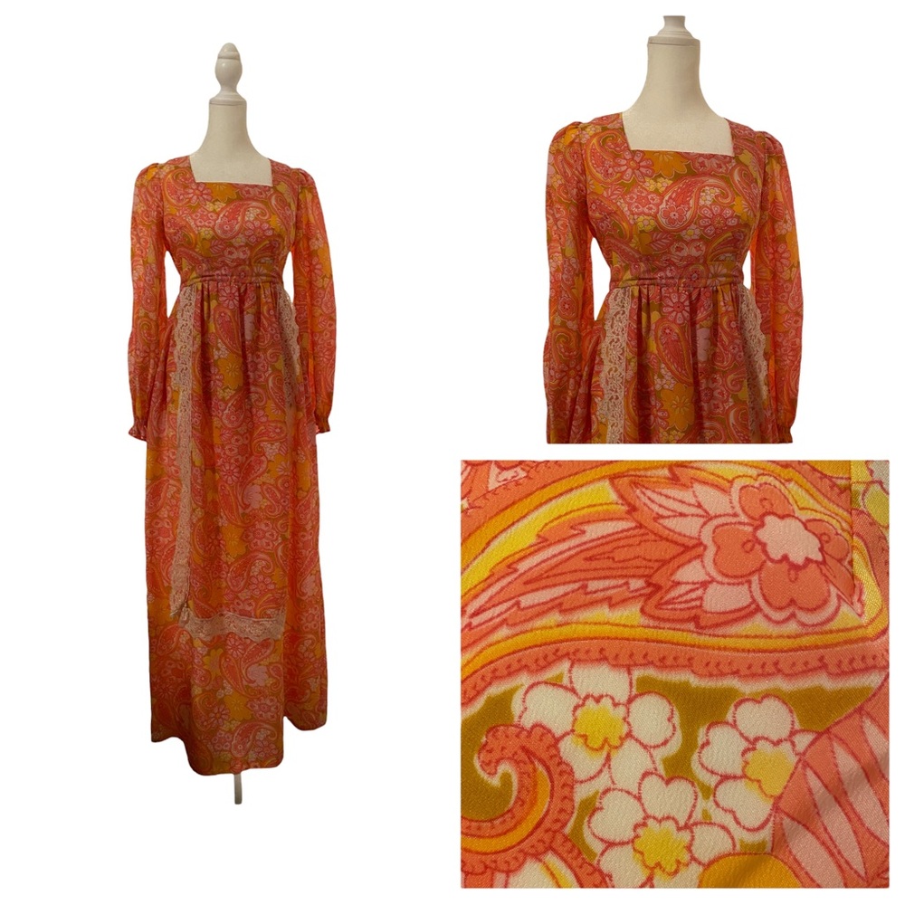 Vintage 1970s pink paisley floral apron dress - cottage core - prairie dress